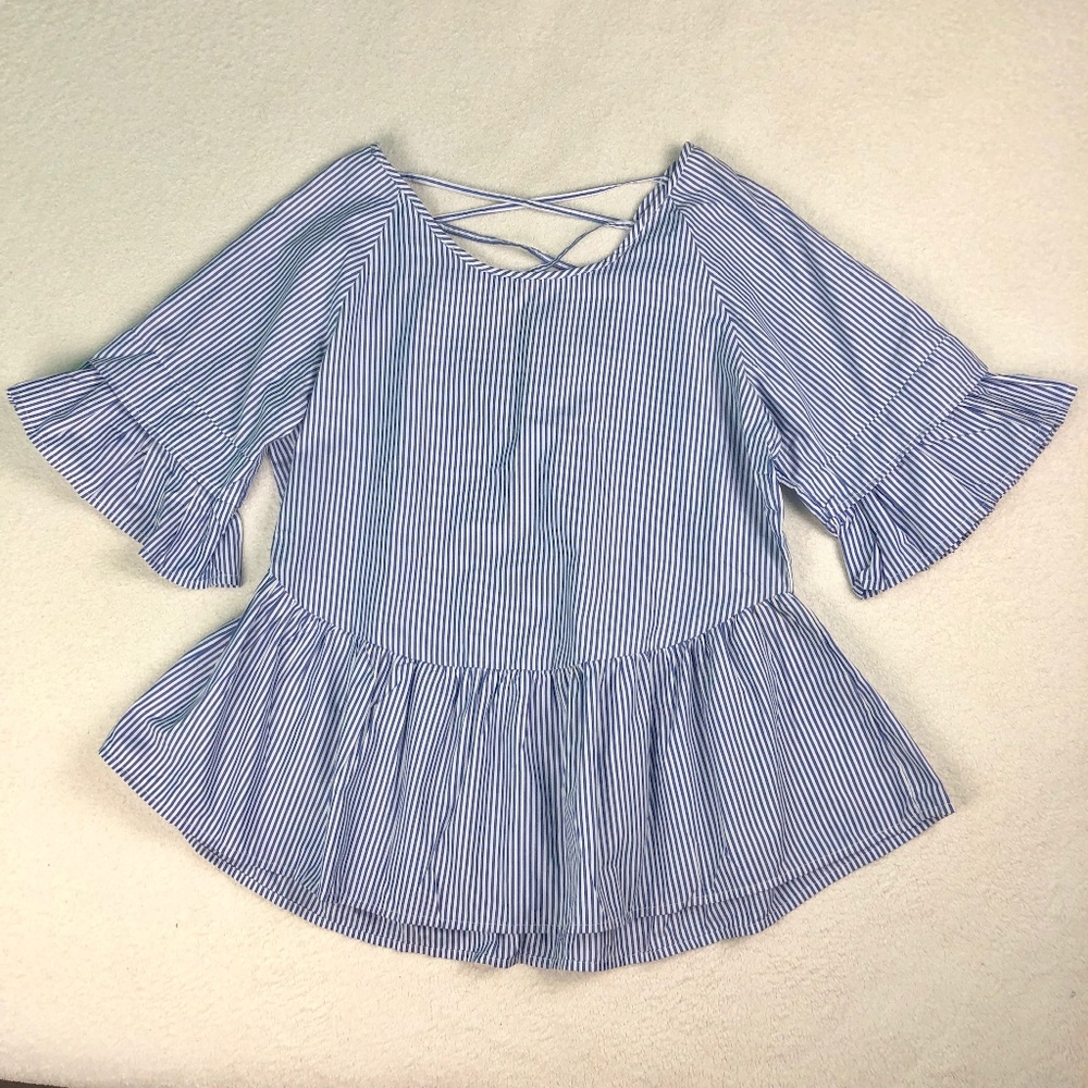 NEW Blue White Stripe Ruffle Hem Sleeve Blouse Top